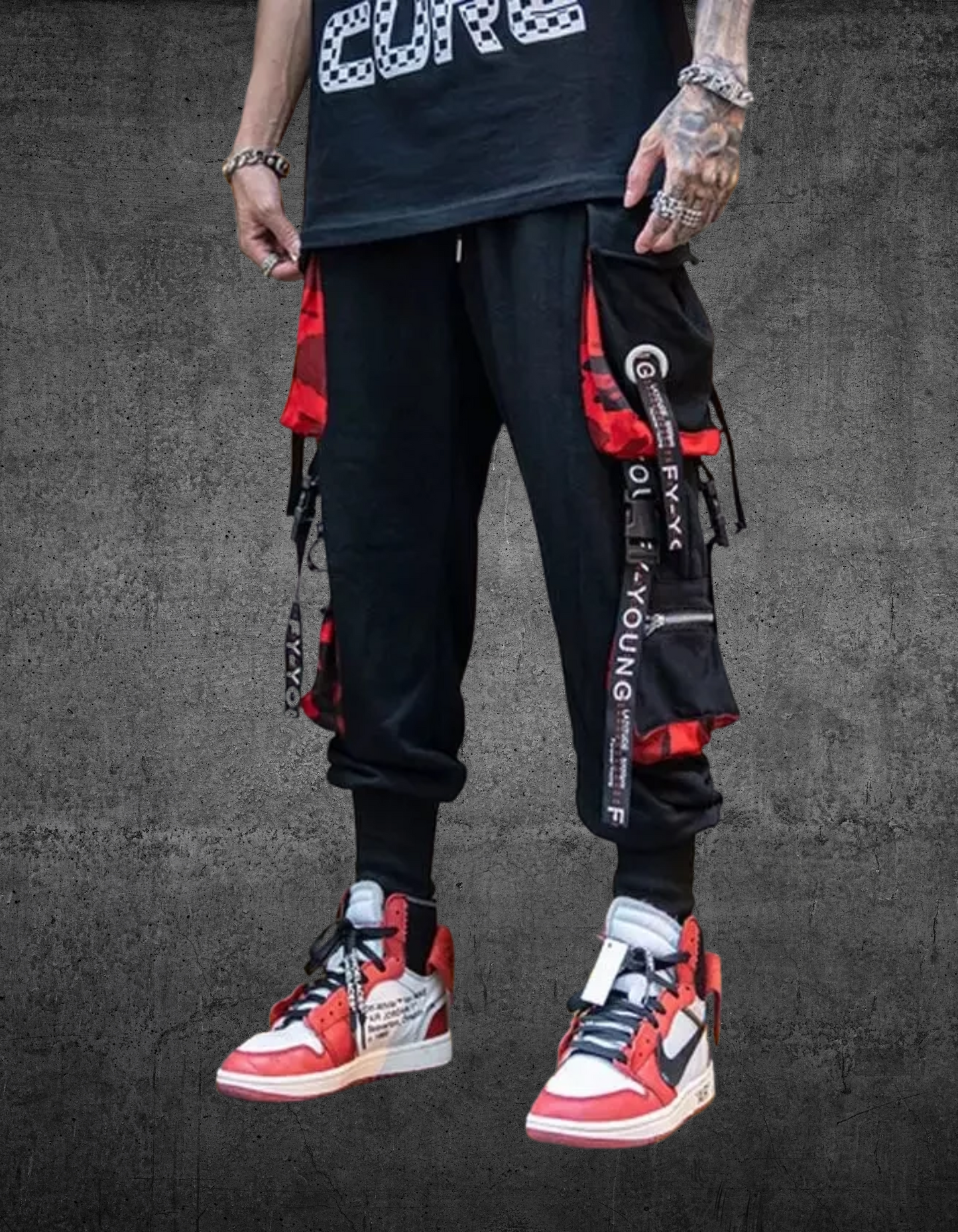 Spodnie Techwearowe Joggery Czerwono-Czarne High Tech